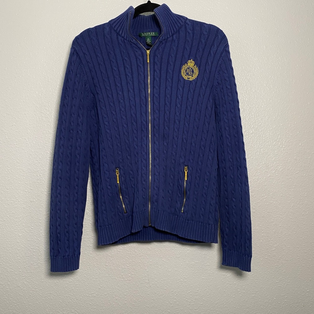 100% Cotton Lauren Ralph Lauren Cable Knit Sweater XL Full Zip Navy Gold Logo